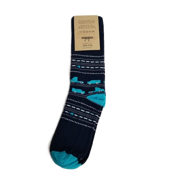 Samsara Truck Print Novelty Socks Navy Turquoise Stripe Pattern Fun Quirky NEW - Picture 2 of 5
